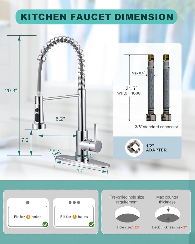 Kitchen Faucet with Pull Down Sprayer: Chrome 3-Function Kitchen Sink Faucet for 1 or 3 Hole - Stainless Steel Single Handle Spring Kitchen Faucets with Deck Plate for Farmhouse RV Laundry