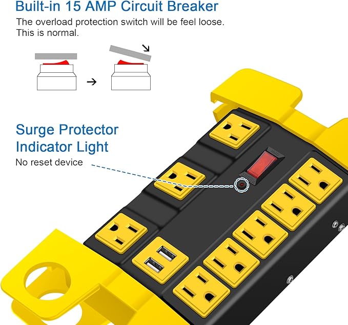 Heavy Duty Power Strip with USB, Workshop 8 Outlet Surge Protector 2700 Joules, Industrial Metal 15Amp Power Strip, 15 FT Extension Cord and Wide Spaced Black.