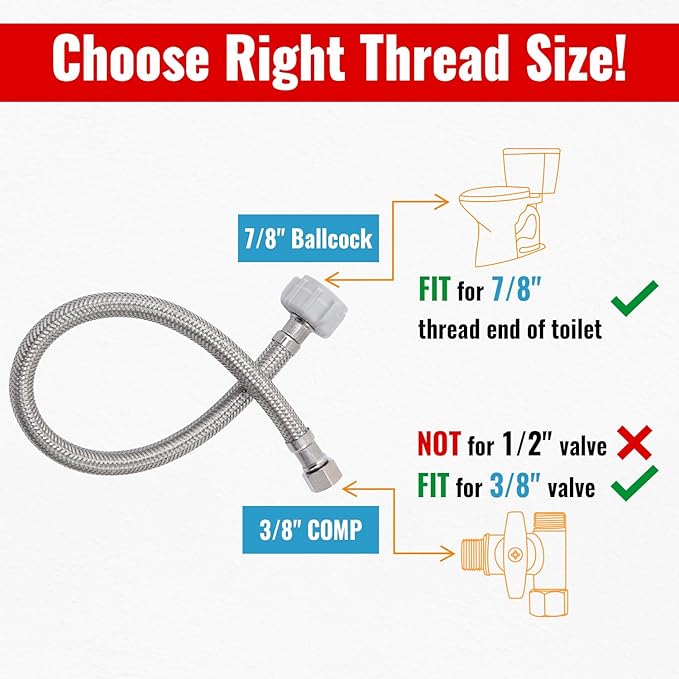 SUNGATOR 9'' Toilet Water Supply Line, 7/8" Ballcock x 3/8" Compression Toilet Hose Connector, 9 Inch Braided Stainless Steel Water Supply Line with 1 Wrench and Sealing Tape (1 Pack)