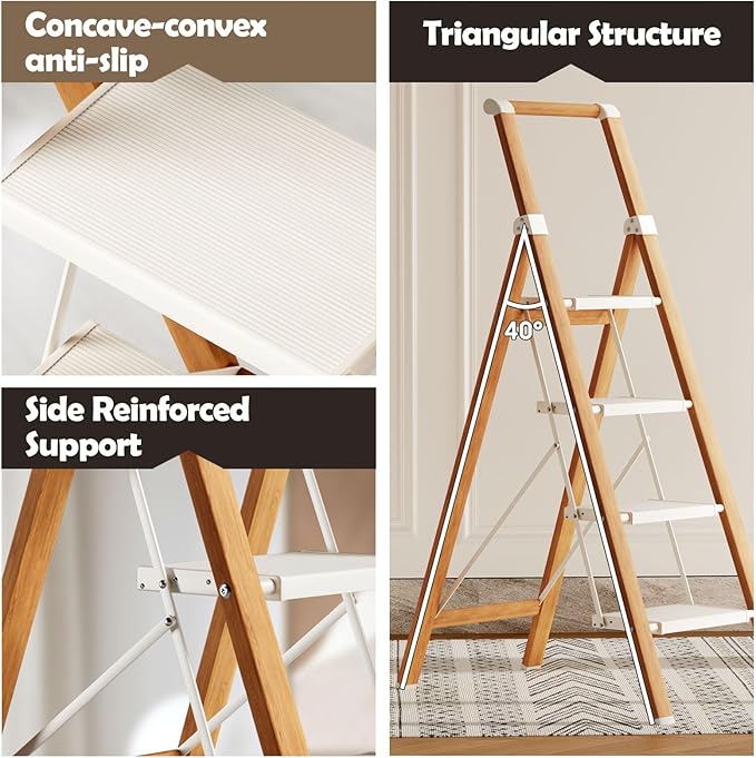 Taranta 4 Step Ladder, Portable Folding Ladder with Wide Pedal, Lightweight Aluminum Step Stool with Convenient Handgrip, 330 lbs Capacity Stepladder for Home, Office - White Woodgrain