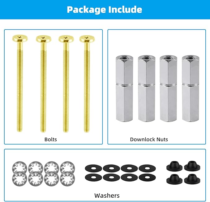 Hibbent 4 PCS Universal Toilet Seat Bolts Kit, Heavy Duty Solid Brass Toilet Bolts with Extra Long Stainless Steel Downlock Nuts Rubber Washers Gaskets, Easy to Install - Bathroom Toilet Repair Screw