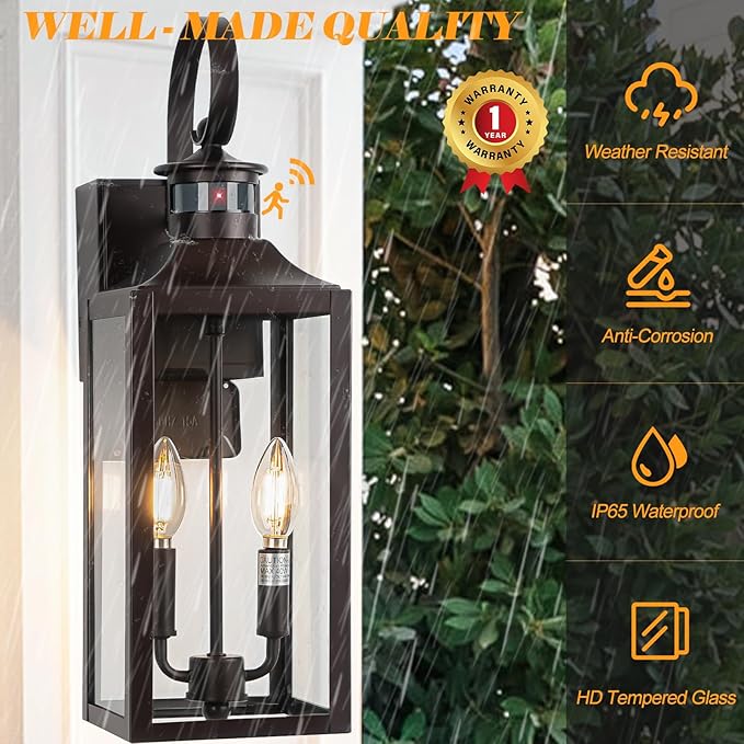 Porch Lights with GFCI Outlet, 20" Brown Dusk to Dawn Motion Sensor Outdoor Lights, Exterior Lighting Fixtures with GFCI Outlet Built-in, Waterproof Bronze Outdoor Wall Sconce for House Patio