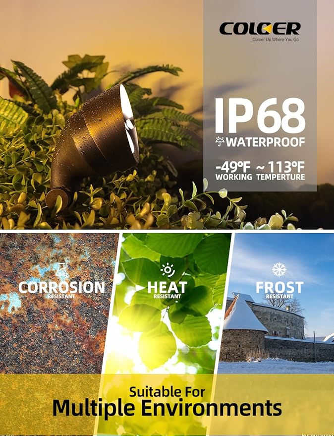 COLOER Die-cast Brass LED Landscape Flood Lights Outdoor 6-Pack with Bulb, 2W 9-17 Volt Low Voltage Wall Wash Lighting, Outdoor Floodlight for Illuminating Signs, Walls and Plant Material(501B)