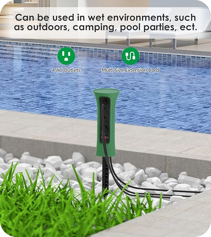 CCCEI Outdoor Power Strip Weatherproof with Stake, Waterproof Extension Cord with Multiple Outlets, Christmas Exterior Garden Decor, Yard, Camping, 4 Plugs, Surge Protector 25FT, Green.