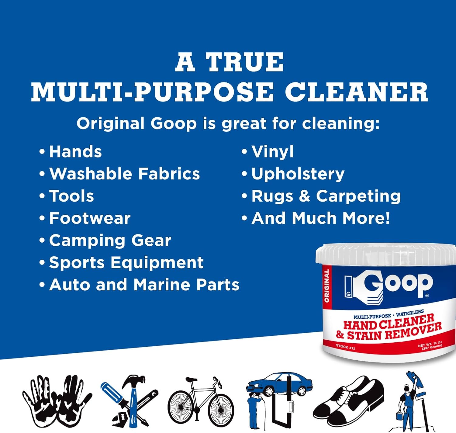 GOOP Multi-Purpose Hand Cleaner- Waterless Hand Degreaser, Laundry Stain Remover - NonToxic and Biodegradable Cleaner Remove Dirt, Oil, Paint, Ink, and Clothes Stains Original, 14oz Pack of 1