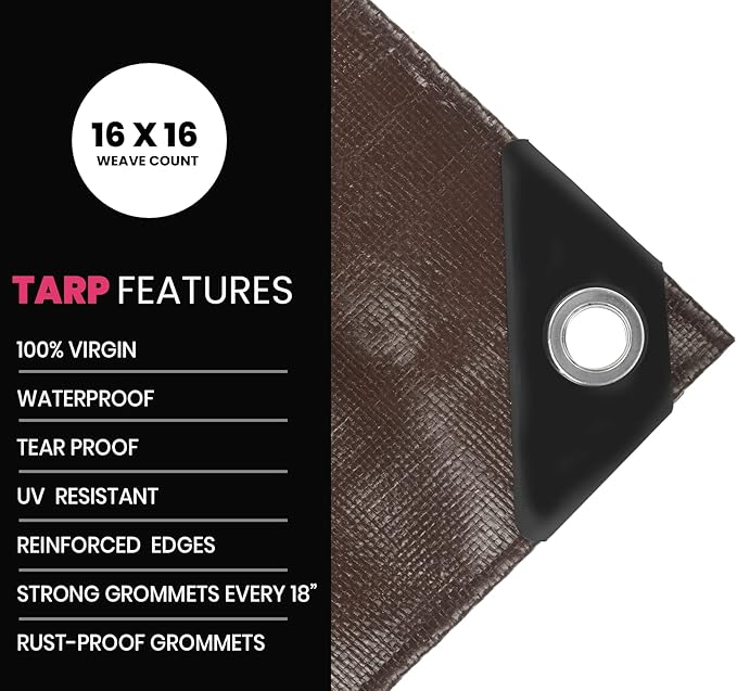 PROTARP Extreme Heavy Duty 22 Mil Tarp Cover, Waterproof, UV Resistant, Rip and Tear Proof, Poly Tarpaulin with Reinforced Edges for Roof, Camping, Patio, Pool, Boat. (Brown/Black 16′ X 20′)