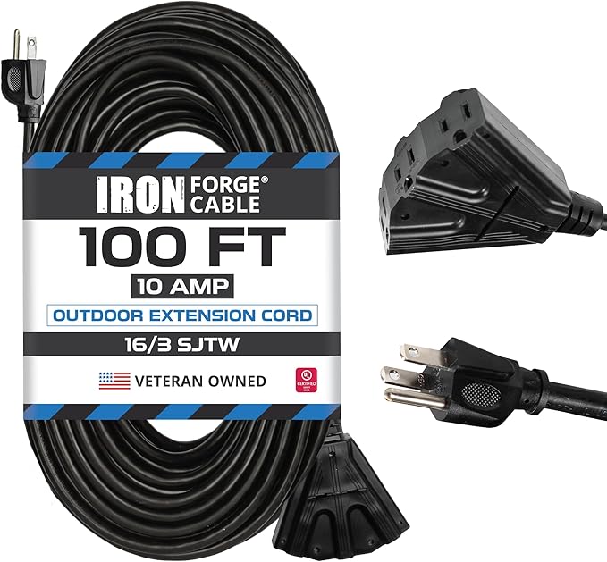 Iron Forge Cable 100 Ft Black Extension Cord with 3 Outlets - 16/3 SJTW 100 Foot Extension Cord 3 Prong, Weatherproof Exterior Power Cable for Outdoor