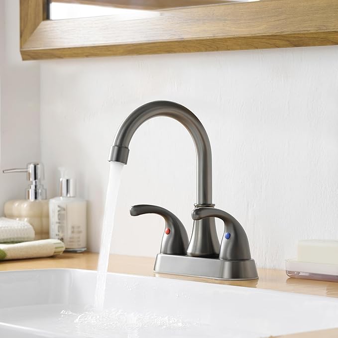 Bathroom Sink Faucet FRANSITON 4 Inch 2 Handle Lead-Free Brushed Grey Bath Sink Faucet with Pop-up Drain Stopper and Supply Hoses
