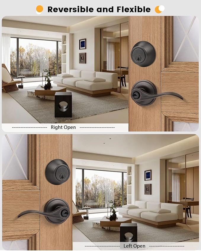 Gobrico 4 Sets Front Entry Door Levers and Single Cylinder Deadbolt Combination Locksets, Oil Rubbed Bronze Keyed Alike Exterior Door Handleset with Deadbolts in Wave Style