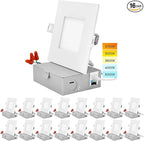 LUXRITE 4 Inch Ultra Thin Square LED Recessed Lighting, 5 Color Temp Options 2700K - 5000K, Dimmable Downlight, 10W, IC & Wet Rated, Canless LED Recessed Light (16 Pack)