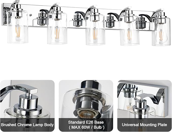 5-Light Bathroom Light Fixtures Modern Chrome Vanity Lights for Bathroom Lighting Fixtures Over Mirror with Clear Glass Shade for Cabinet Mirror Bedroom Hallway