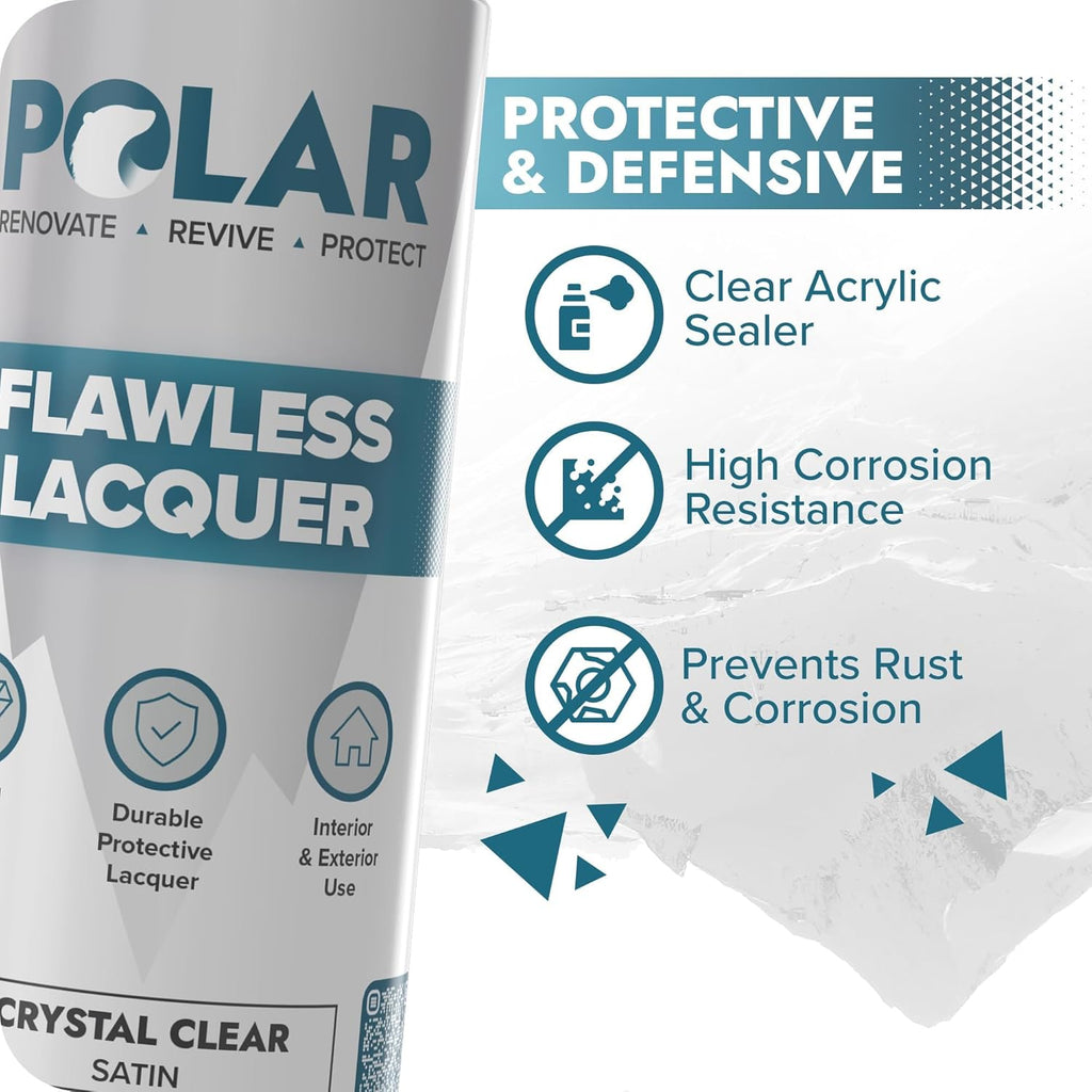 Polar Clear Satin Flawless Lacquer Spray - 2 x 13.5 Fl Oz - Clear Coat Spray Paint - Non-Yellowing & Scratch Resistant - Interior & Exterior Surfaces for Wood, Metal, Plastics, Glass & Ceramics