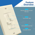 LIDER Combination Dual Dimmer Light Switch Control, 2 Sliding Light Controls, Single Pole, 400W CFL/LED, 600W Incandescent/Halogen, UL Listed, Wall Plate Included, Light Almond, 2 Pcak