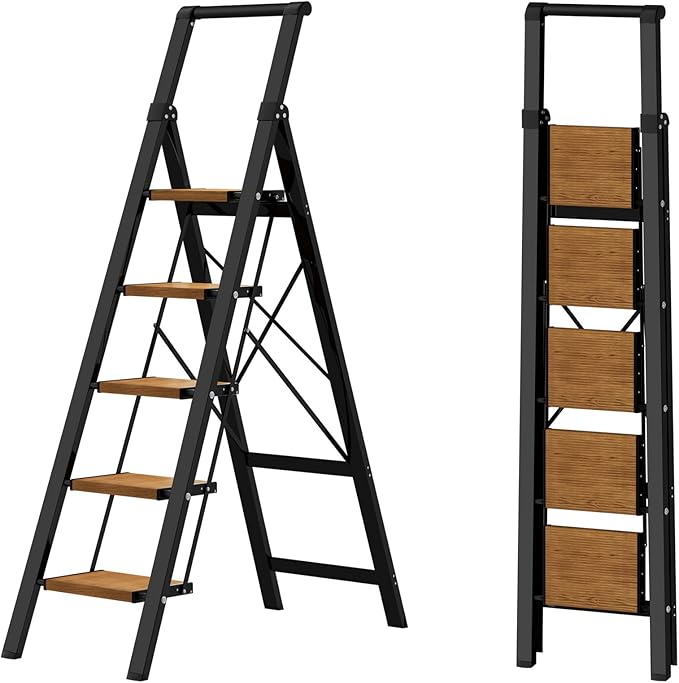 HillhutApex 5 Step Foldable Aluminum Step Ladder with Handgrip, Anti-Slip Pedal, 330 lbs Capacity, Lightweight & Portable for Home, Kitchen, Office, Garage (Black Woodgrain)
