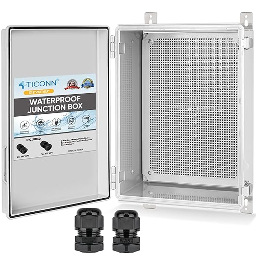 TICONN Waterproof Electrical Junction Box IP67 ABS Plastic Enclosure with Hinged Cover with Mounting Plate, Wall Brackets, Cable Glands (Off-White, 13.8"x9.8"x5.9")