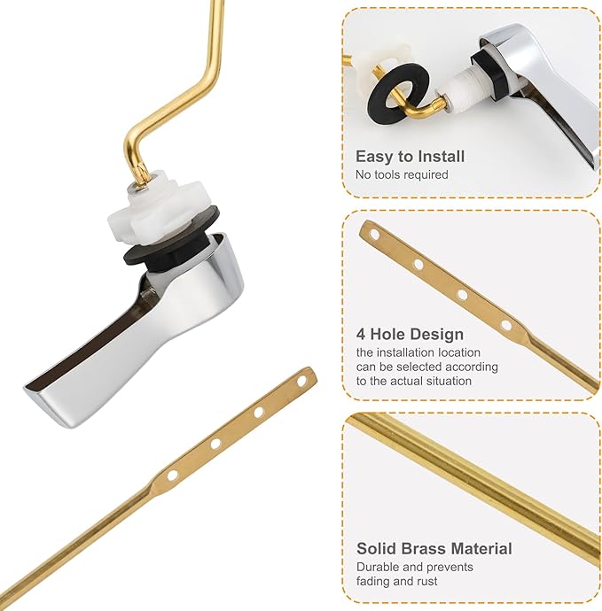 Hibbent Universal Metal Side Mount Toilet Handle Replacement Kit, Brass Toilet Flush Tank Lever with Stainless Steel Flapper Chains for Most Toilets, Chrome Finish
