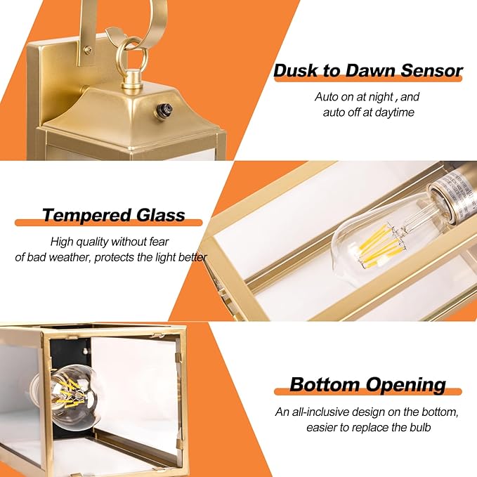 Dusk to Dawn Wall Lights 2 Pack, Gold Outdoor Light Fixtures, 15 Inch Exterior Wall Sconces Waterproof, Large Outside Lights for House, Modern Wall Lanterns Clear Glass