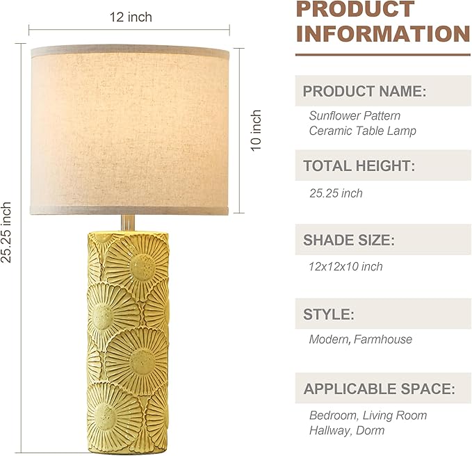 25.25" Ceramic Lamps Set of 2 for Living Room, Bedroom, Yellow Flower Table Lamps Set of 2 for Buffet, Ceramic Bedroom Lamp for Nightstand, Farmhouse Lamp for Console Table, Credenza