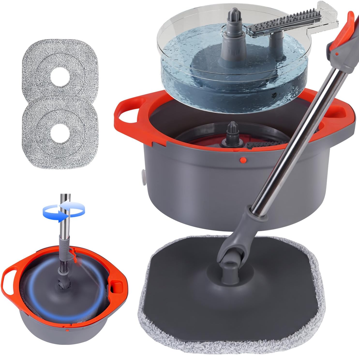 Spin Mop and Bucket Set with Separate Dirty and Clean Water,360° Self Cleaning Mop and Bucket System with Widened Foldable Handle,2 Replaceable Mop Pads,Square Mops for Floor Tile Marble Wall Cleaning