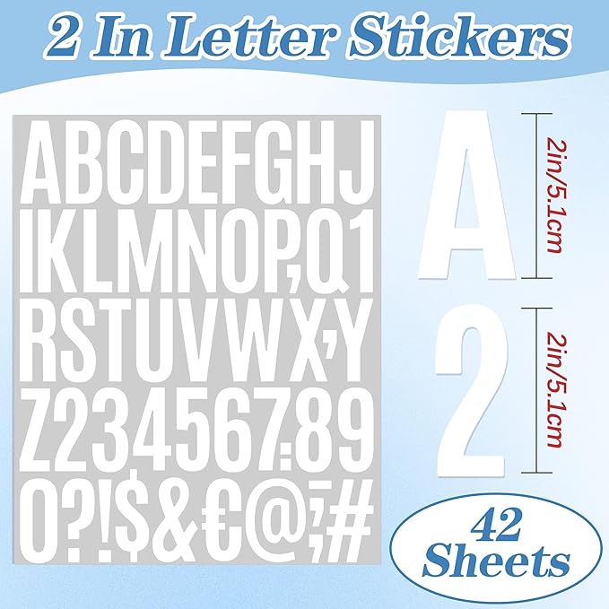 2142 PCS 42 Sheets Letter Stickers Mailbox Numbers and Letters Self Adhesive Vinyl Waterproof Alphabet Number Stickers for Mailbox Address,Craft,Water Bottles, Sign, Door, Home Decor (2 Inch,White)