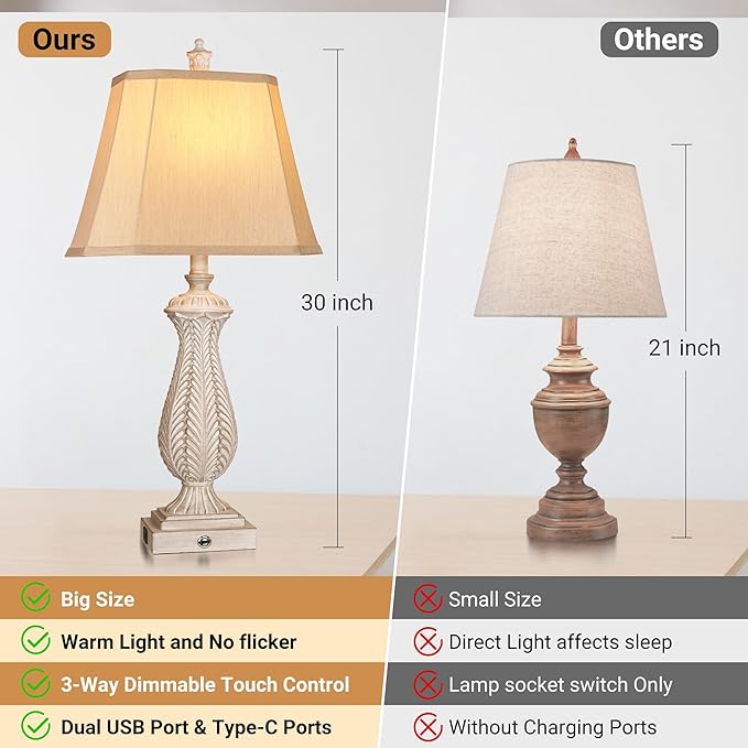 3-Way Dimmable Table Lamps for Bedrooms Set of 2, Light Wood Mermaid Bedside Lamp for Nightstand, 30" H Touch Lamps for Living Room with USB & Type-C Ports, Resin Farmhouse Rustic Lamp with 2 Bulb