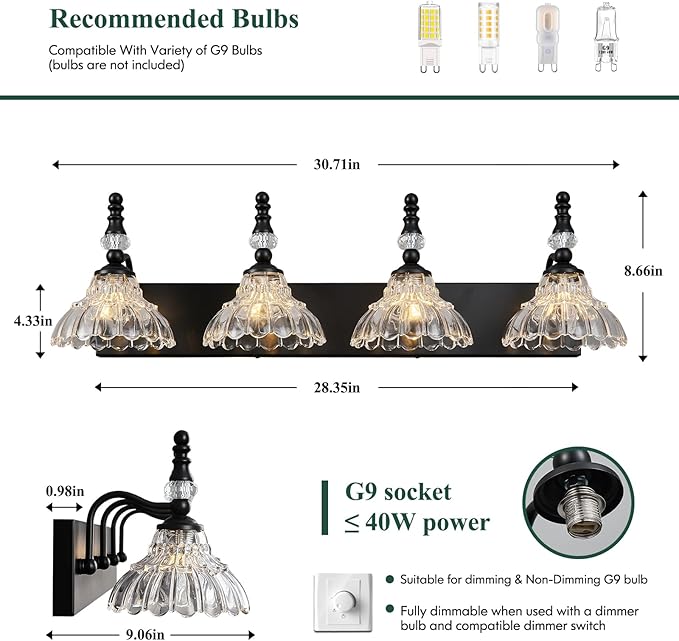 Vintage Bathroom Vanity Light, 4-Light Black Vanity Lighting Fixture with Flower Glass Shade, Bathroom Lighting Fixtures Over Mirror