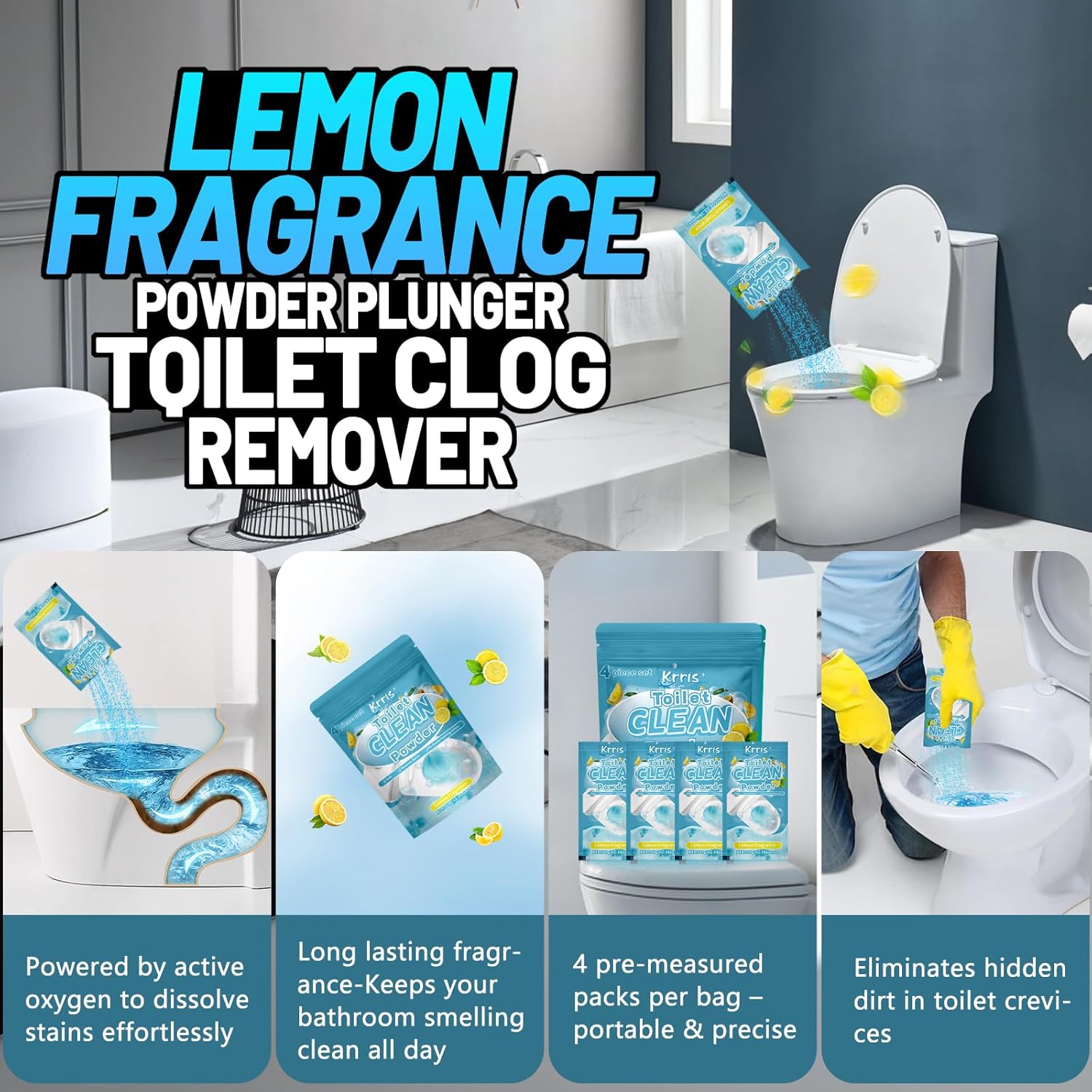 Toilet Bowl Cleaner Powder - Self-Activating Toilet Cleaner for Stubborn Stains & Limescale, Deep Cleaning Foam with Lemon Fragrance, Safe Toilet Cleaning Supplies (4 Packs × 3 oz)