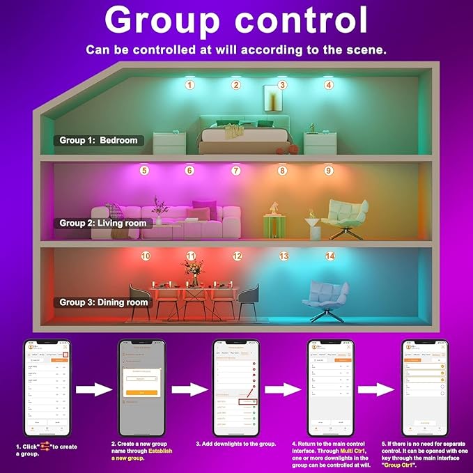 Recessed Lighting 6 Inch RGBCW Color Changing Smart Recessed Ceiling Lights 16W 1350LM LED Downlights Dimmable by Alexa & APP, 2700K-6500K,16 Million Colors - DIY Scenes - Timer - 23 Modes (12 Pack)