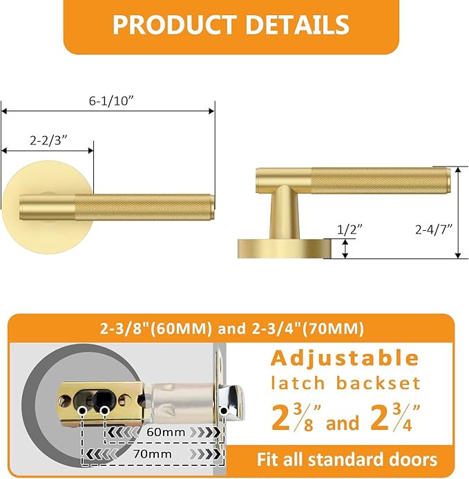 Amerdeco 1 Pack Brushed Gold Passage Door Handles,Heavy Duty Non-Locking Door Lever for Hall, Closet,Office Area, Shopping Malls AM0016