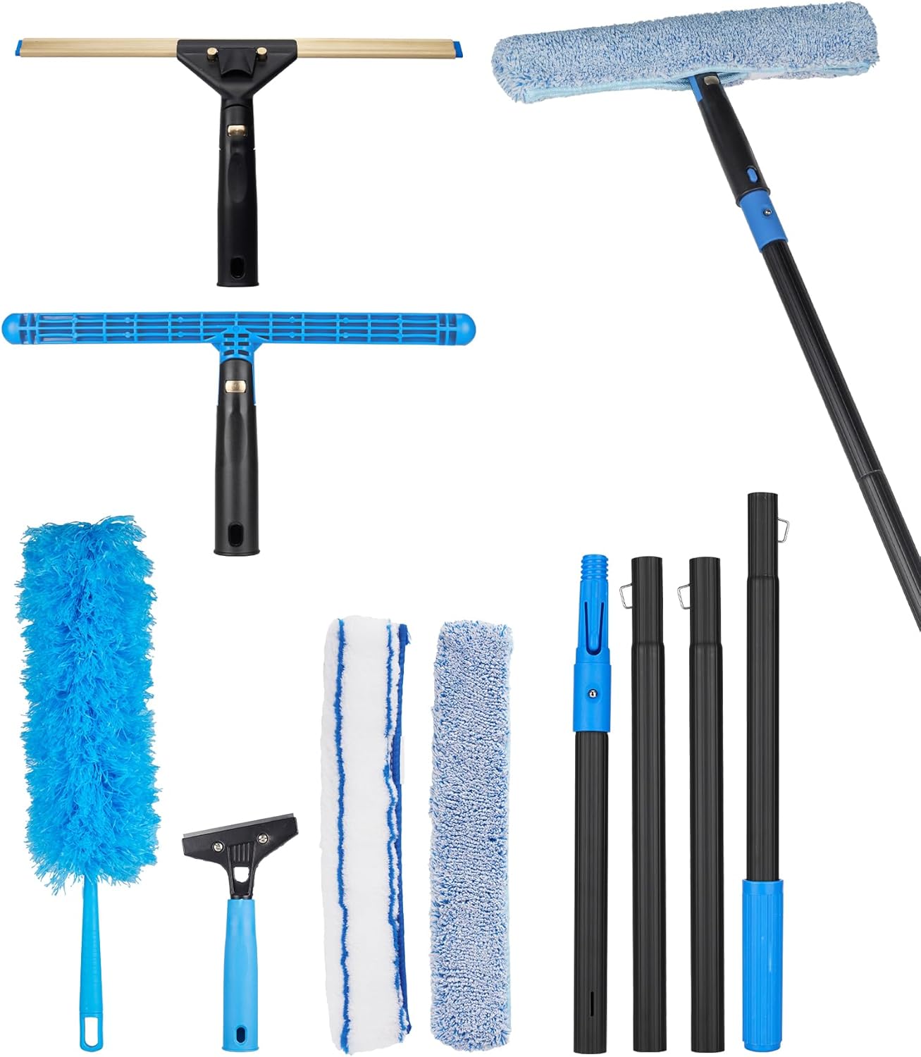 Swivel Squeegee Kit with 4 Extension Poles,Glass Scraper, Bendable Duster, 2 Window Scrubber Cloth for Glass, Car, Floor, Home,Garden