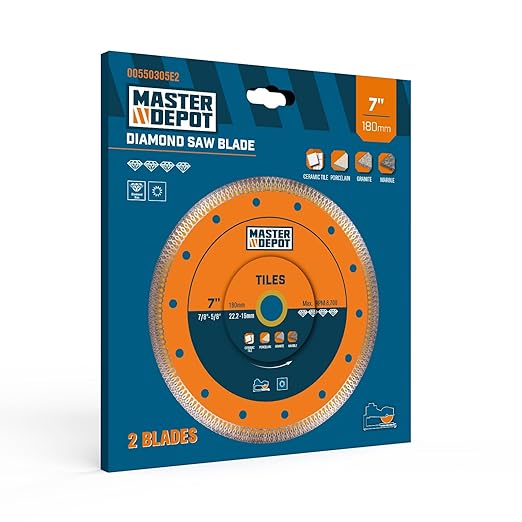 7 Inch Ultra-Thin Turbo Mesh Diamond Blade for Cutting Porcelain, Ceramic, Marble, Granite, 2 Pack for Handheld Saws and Angle Grinders, Dry and Wet Use, 7/8"-5/8" Arbor