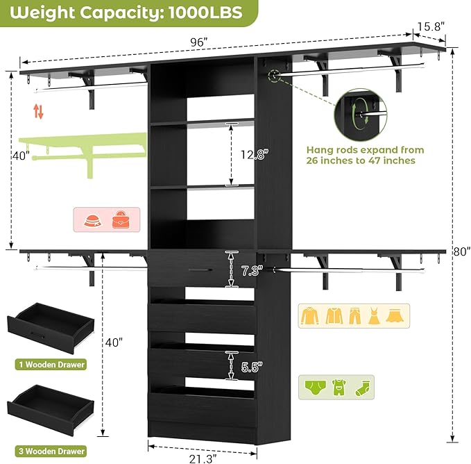 Aheaplus Closet System, 8FT Closet Organizer with 4 Wooden Drawers, Wood Closet Organizer System with Tower, Walk-in Closet Organizer Wardrobe Clothes Rack with 4 Hanging Rods, Garment Rack, Black