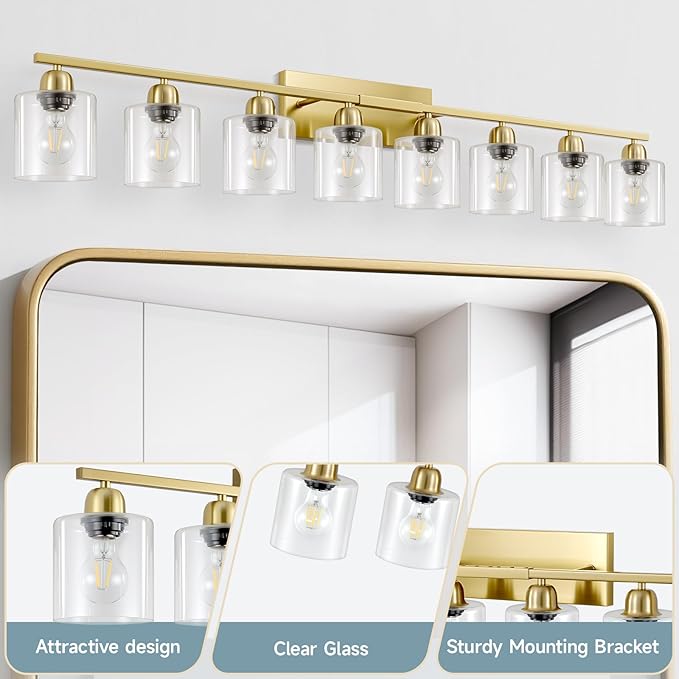 Modern Brushed Gold 8 Light Bathroom Light Fixtures, 52 inch Vanity Lights for Bathroom with Clear Glass for Mirror Kitchen Living Room Hallway Cabinet Porch