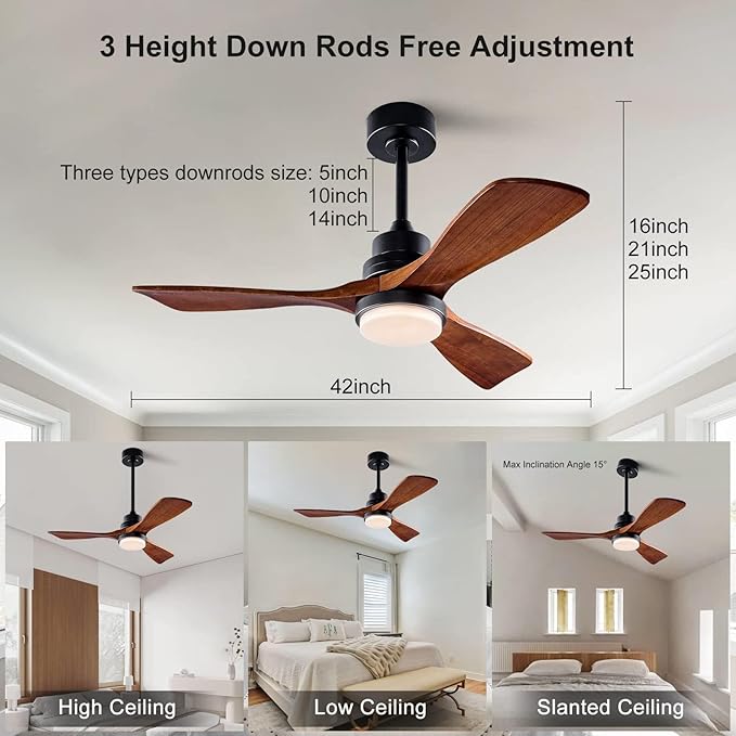 42 Inch Ceiling Fans with Lights and Remote, Modern 3 Blades Wood Ceiling Fan with light, 6 Speed Quiet DC Motor, Indoor Outdoor Ceiling Fan for Patio Bedroom Living Room Kitchen Office