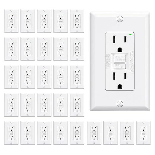 ELEGRP GFCI Outlet 15 Amp, Self-Test GFI Electrical Outlet with Narrow Design, GFCI Receptacle with LED Indicator, UL Listed, White, Wall Plate Included, 30 Pack