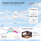 46" Flush Mount RGB Ceiling Fans with Lights - White Low Profile Ceiling Fan Light with Remote/APP, RGB+3CCT 6 Wind Speeds and Reversible, Modern Fan Light Fixture for Party, Kiad's Room