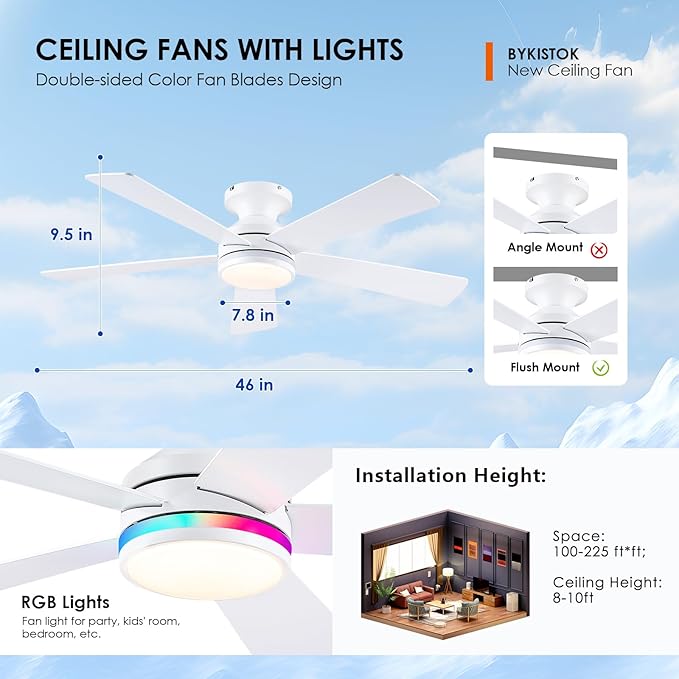 46" Flush Mount RGB Ceiling Fans with Lights - White Low Profile Ceiling Fan Light with Remote/APP, RGB+3CCT 6 Wind Speeds and Reversible, Modern Fan Light Fixture for Party, Kiad's Room
