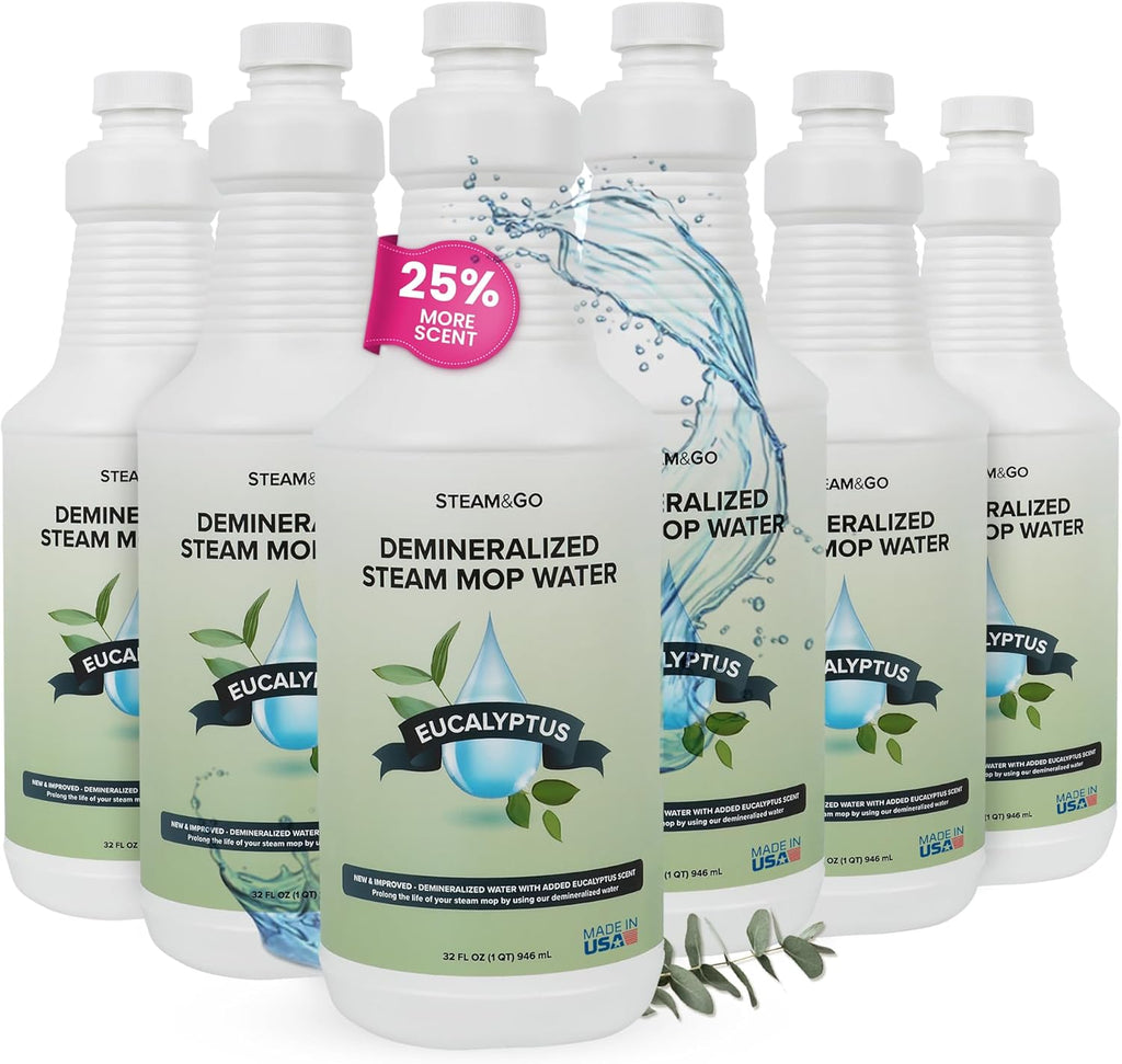 Steam & Go Demineralized Water for Steam Cleaner, PVC-Free Floor Cleaning Liquid Compatible With Any Steam Mop, Ready-to-Use Multisurface Cleaner, Scented, Eucalyptus Mint, 32 oz, Pack of 6