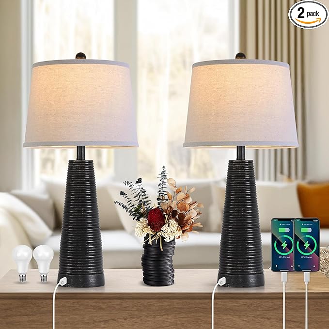 Terpsichore Nightstand Lamp Bedside Lamps Set of 2 Desk Lamp Vintage Rustic Farmhouse Table Lamp 3 Way Dimmable Light,Bulb*2,USB A+C Port (Black with Gold, High 27 Inch)