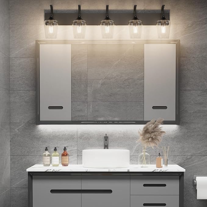 Ralbay Matte Black Bathroom Light Fixtures 5-Lights Industrial Black Vanity Lights Clear Glass Vintage Edison Matte Black Wall Mount Light Fixture for Bathroom