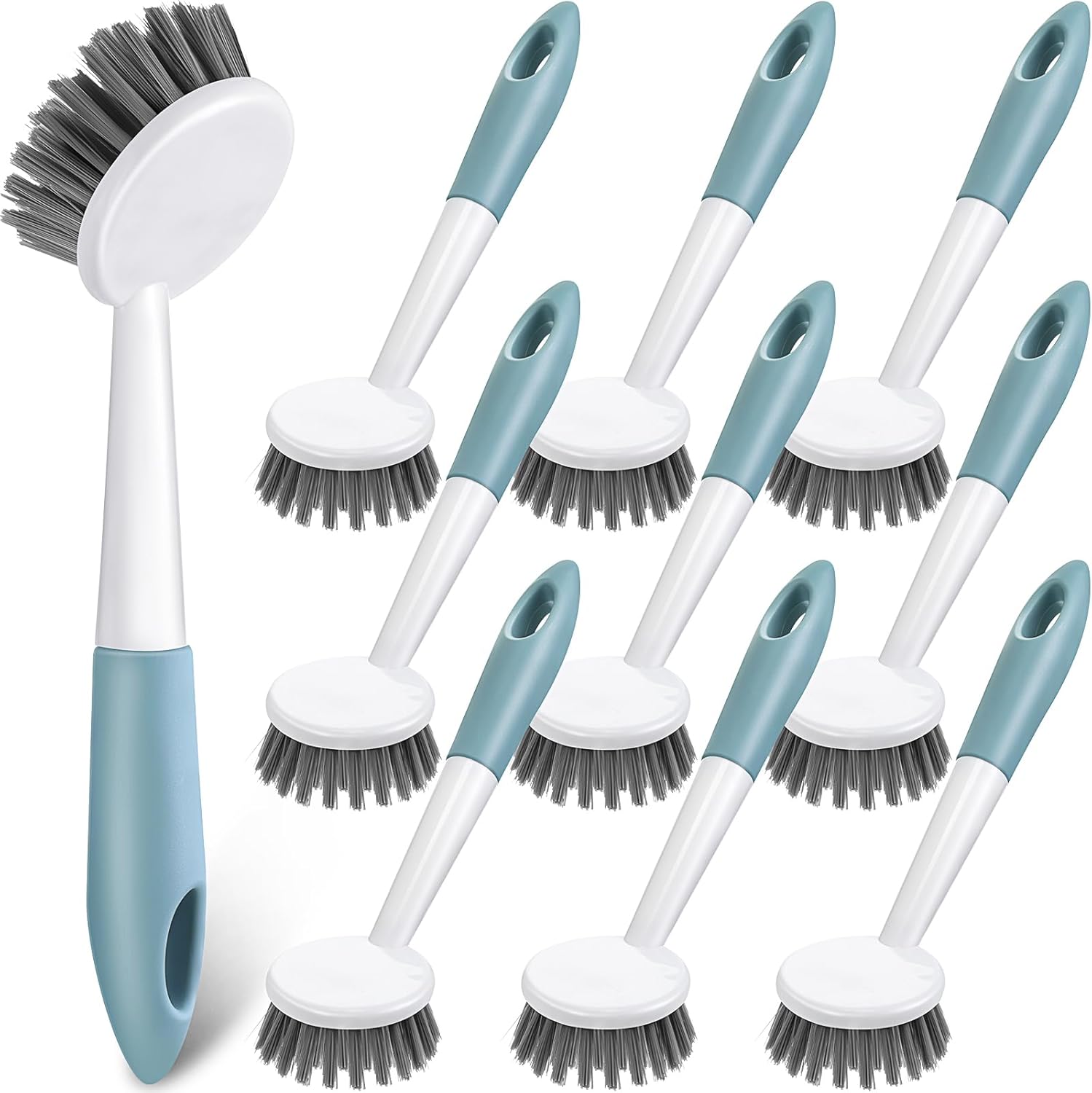 Patelai 12 Pack Kitchen Scrub Dish Brush with Long Handle Dish Scrubber with Stiff Bristles Scrub Brushes for Kitchen Dishes Washing Tools, Pots, Pans and Sink Cleaning (Celadon)