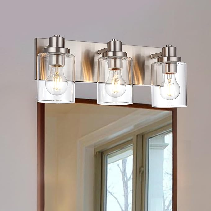 3 Light Bathroom Vanity Light - Brushed Nickel, Modern Farmhouse Style with Clear Glass Shade, Over Mirror Lighting Fixture