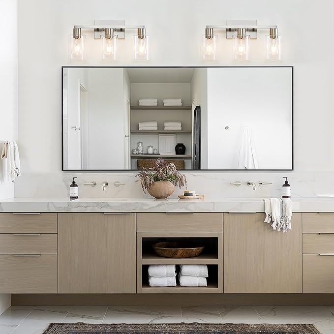 3-Light Vanity Lights,Brushed Nickel Vanity Light,with Clear Glass Shade for Bathroom Light Fixtures, Bathroom Light Fixtures Over Mirror