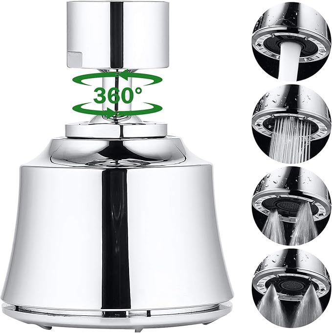 Faucet Sprayer Attachment with 2 Ball Joint, Big Angle Swivel Kitchen Sink Faucet Head Replacement, 4 Spray Models, 55/64-27UNS Famale Thread, Male Thread Adapter Included, Polished Chrome