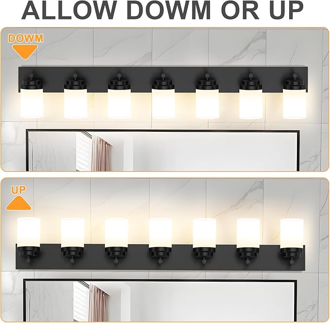 IZORRO Bathroom Vanity Light Fixture, 7-Light 51 Inch Matte Black Bathroom Light Fixtures Over Mirror, with White Glass Shade, Modern Farmhouse Vanity Lights, Rustic Restroom Lighting Fixtures