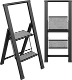 Step Ladder 2 Step Folding, Decorative - Beautiful Gray Wood & Black Aluminum, Ultra Slim Profile, Anti Slip Steps, Sturdy-Portable for Home, Office, Kitchen, Photography Use,by SORFEY