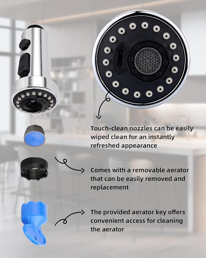 Hibbent Kitchen Faucet Head Replacement, Pull Down Sink Spray Nozzle with 3 Function, G1/2 or 13/16 Inch Male Connector (Only for G1/2 Connector, Chrome)