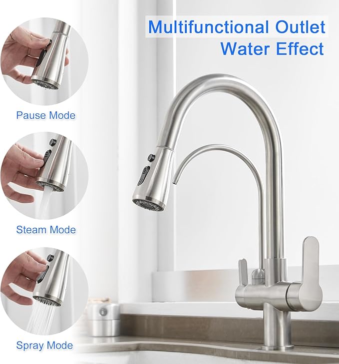 MENATT Filter Kitchen Faucet with Drinking Water Faucet, High Arc Pull Down 3-Way Kitchen Faucet, 3 in 1 Sink Cold and Hot Mixer Tap (Brushed Nickel)
