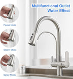MENATT Filter Kitchen Faucet with Drinking Water Faucet, High Arc Pull Down 3-Way Kitchen Faucet, 3 in 1 Sink Cold and Hot Mixer Tap (Brushed Nickel)