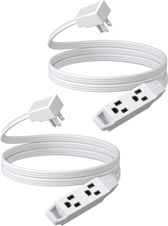 DEWENWILS 6FT Flat Plug Extension Cord, 3 Prong Ultra Thin Power Strip, 13A/125V/1625W, 16/3 Awg Grounded Flat Power Cable for Indoor Narrow Space, SPT-3 Cord, ETL Listed, White, 2 Pack